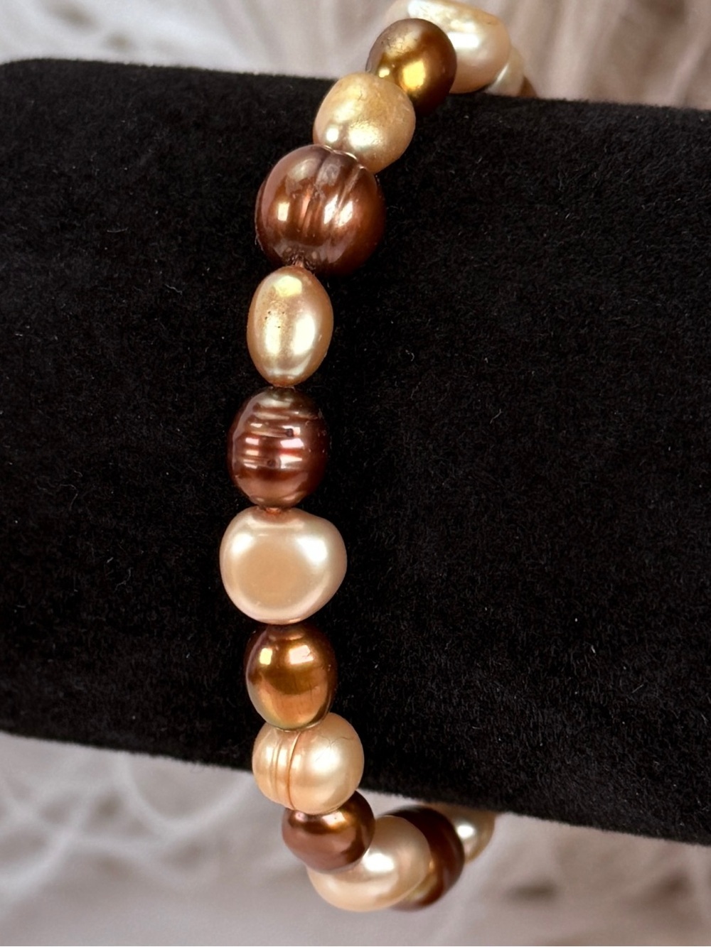 Freshwater pearl beaded stretch iridescent copper gold colored bracelet